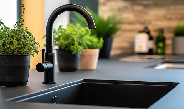 Foto gratuita lavabo negro de lujo en la cocina