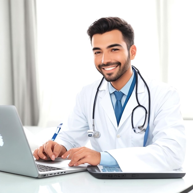 Foto gratuita de un médico sonriente trabajando con una computadora portátil