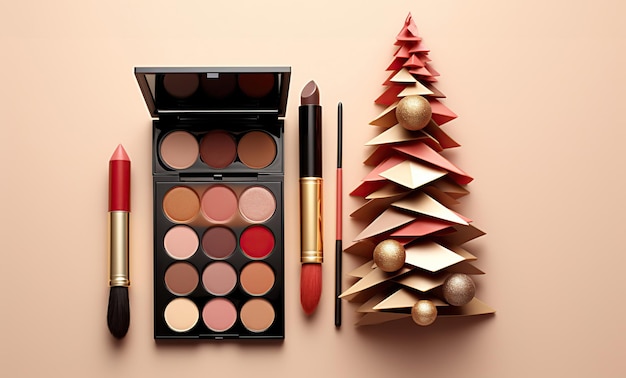 foto gratuita minimalista que simboliza un árbol de Navidad hecho con cosméticos de maquillaje fotografía flatlay