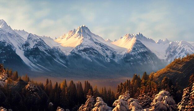 Foto gratuita del misterioso paisaje invernal majestuosas montañas en invierno Generado por Ai