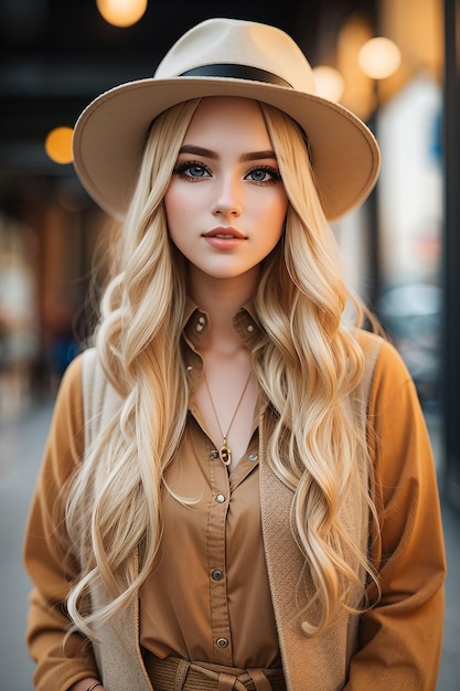 Foto gratuita, moda ao ar livre, retrato positivo de uma elegante garota hipster, longos cabelos loiros, chapéu vintage
