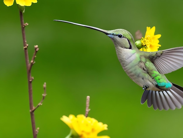 Foto gratuita pássaro-colibri verde e cinza voando sobre flores amarelas