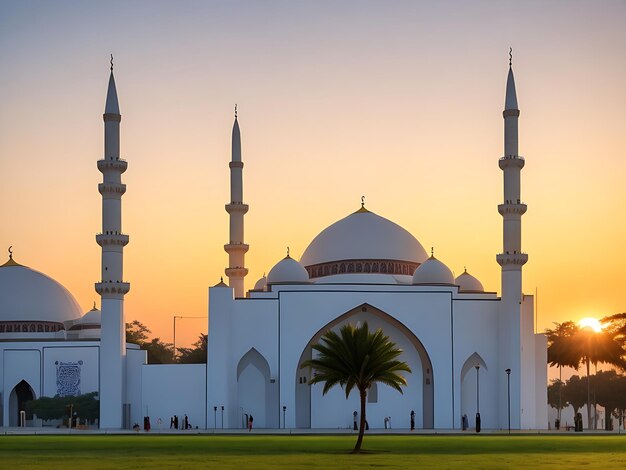 Foto gratuita Ramadan Kareem eid al adha Eid Mubarak Mesquita à noite com fundo de luz solar