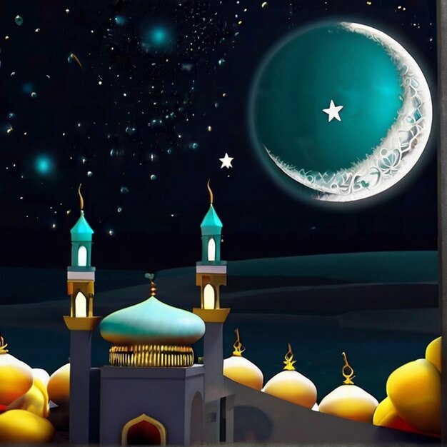 Foto foto gratuita ramadan kareem eid mubarak com lanterna de mesquita lua 3d e lâmpada fundo islâmico