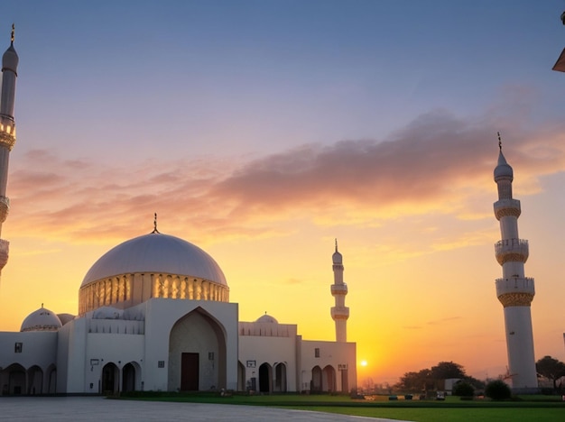 Foto gratuita Ramadan Kareem Eid Mubarak Mesquita à noite com fundo de luz solar