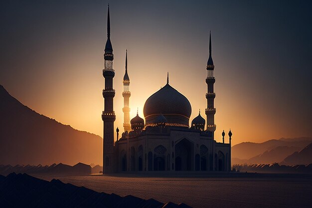 Foto gratuita Ramadan Kareem Eid Mubarak Mesquita à noite com fundo de luz solar
