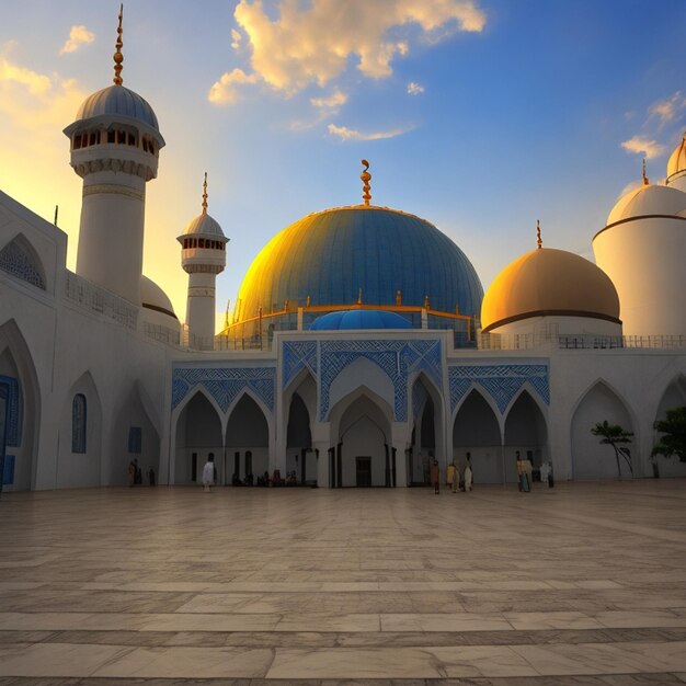 Foto gratuita de Ramadán Kareem Eid Mubarak Mezquita en la noche con luz del sol de fondo