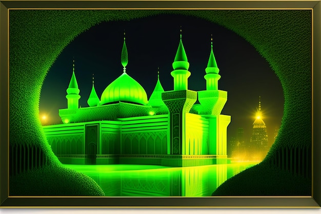 Foto gratuita Verde Ramadã Kareem Eid Mubarak Lâmpada elegante real com Mesquita Portão Sagrado com fogos de artifício