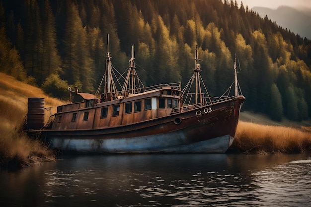 Foto gratuita de un viejo barco de pesca oxidado en la ladera a lo largo de la orilla del lago