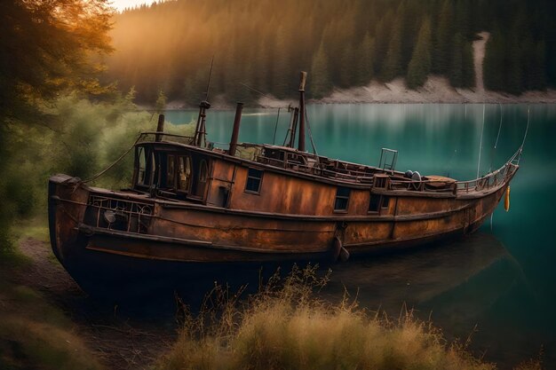 Foto gratuita de un viejo barco de pesca oxidado en la ladera a lo largo de la orilla del lago