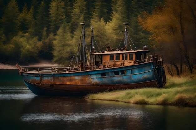 Foto gratuita de un viejo barco de pesca oxidado en la ladera a lo largo de la orilla del lago