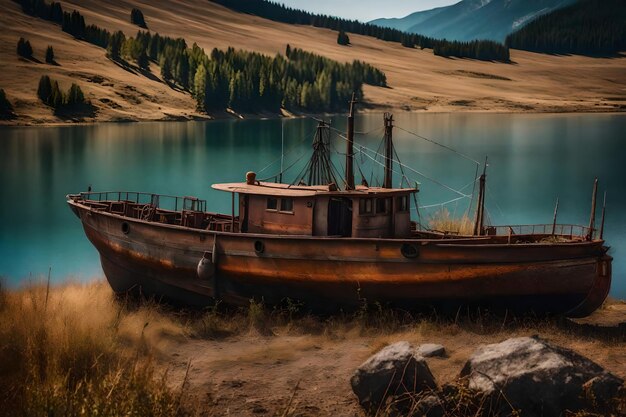 Foto gratuita de un viejo barco de pesca oxidado en la ladera a lo largo de la orilla del lago