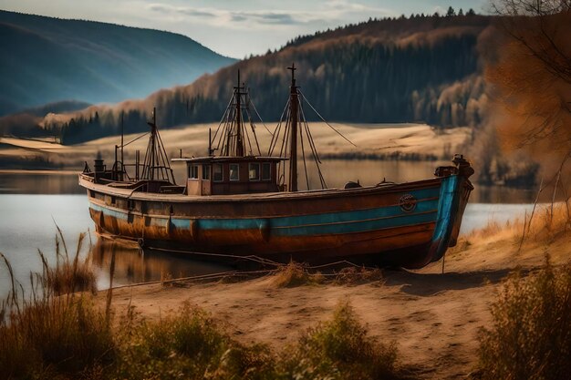 Foto gratuita de un viejo barco de pesca oxidado en la ladera a lo largo de la orilla del lago