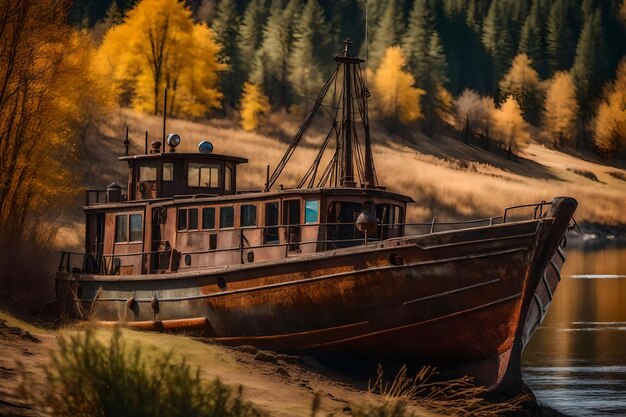 Foto gratuita de un viejo barco de pesca oxidado en la ladera a lo largo de la orilla del lago