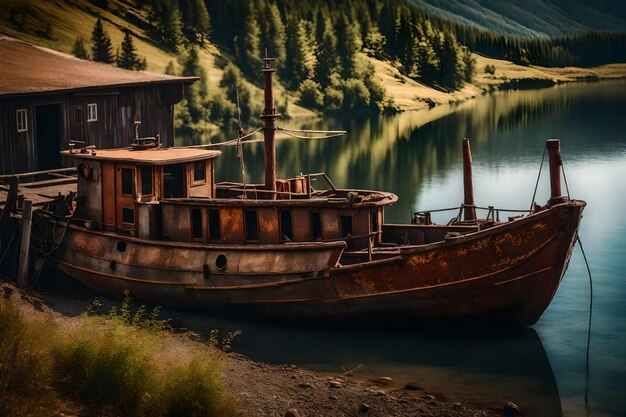 Foto gratuita de un viejo barco de pesca oxidado en la ladera a lo largo de la orilla del lago
