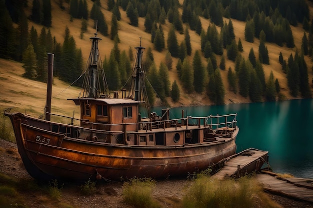 Foto gratuita de un viejo barco de pesca oxidado en la ladera a lo largo de la orilla del lago