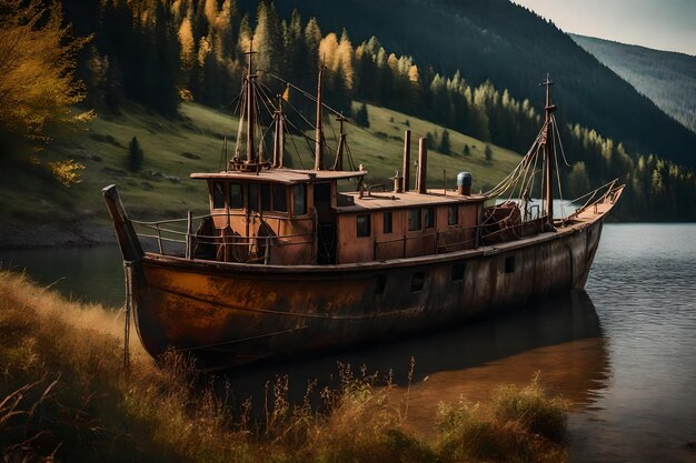 Foto foto gratuita de un viejo barco de pesca oxidado en la ladera a lo largo de la orilla del lago