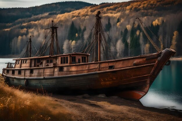 Foto gratuita de un viejo barco de pesca oxidado en la ladera a lo largo de la orilla del lago