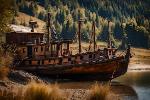 Foto gratuita de un viejo barco de pesca oxidado en la ladera a lo largo de la orilla del lago