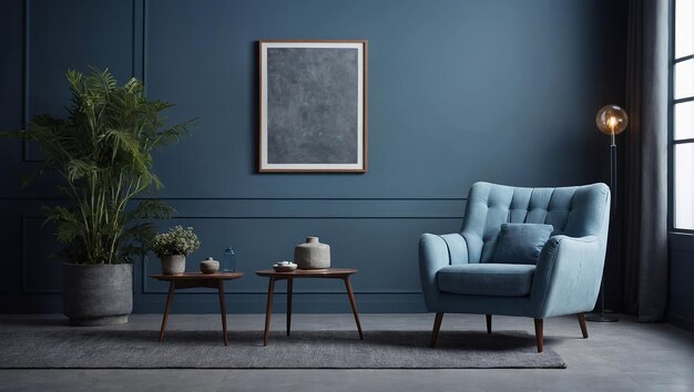 Foto grauer Sessel im blauen Wohnzimmer mit Kopierplatz