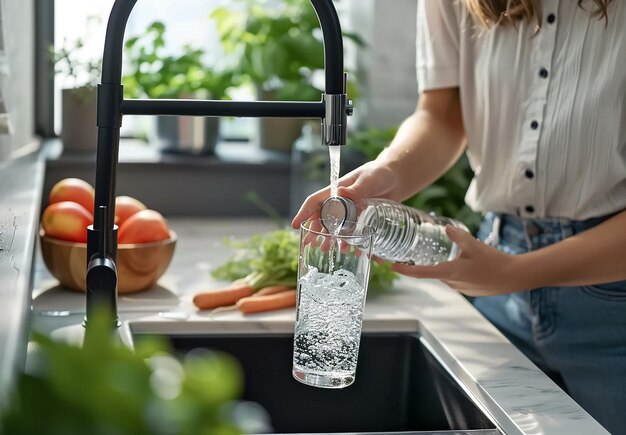 Foto foto del grifo de la cocina derramando agua del grifo llenando el vidrio con agua y agua potable pura