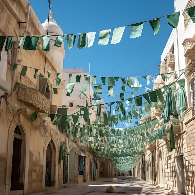 Foto Grüne Fahnen in den Straßen für Eid Milad un Nabi islamische Feier generative ai