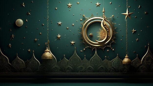 Foto grüne islamische Dekoration mit 3D-Halbmond und Laterne