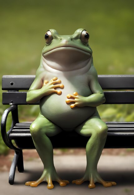 Foto foto grüner frosch sitzt in einem parkstuhl