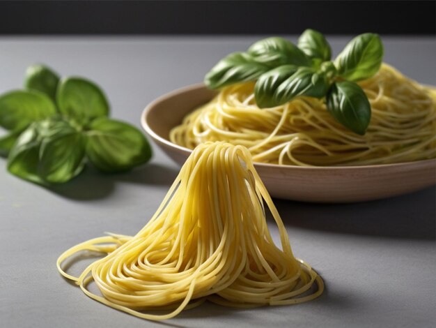 Foto grünes Basilikum und gelbe Spaghetti