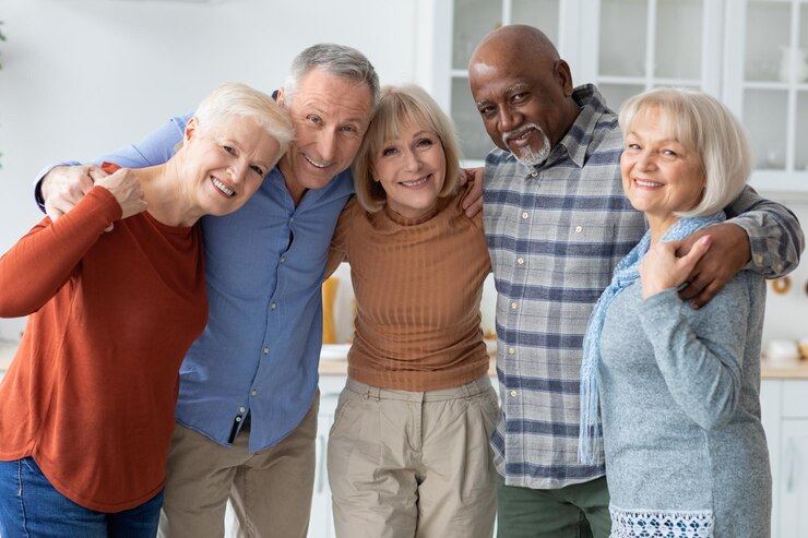 Foto grupal de ancianos felices abrazándose sonriendo a la cámara