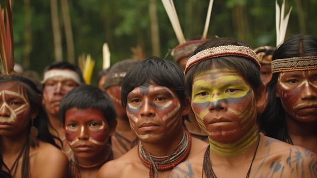 Foto foto grupal de indígenas amazónicos mirando a la cámara con pinturas ceremoniales en el rostro y tocados ia generativa