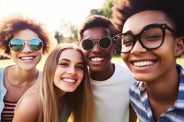 Foto de un grupo de amigos adolescentes divirtiéndose en un campamento de verano creado con IA generativa