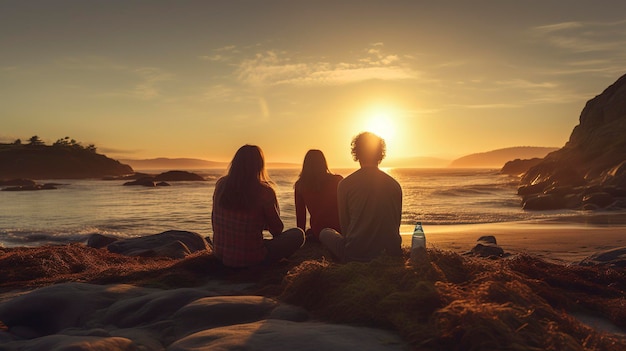 Foto una foto de un grupo de amigos disfrutando de una puesta de sol