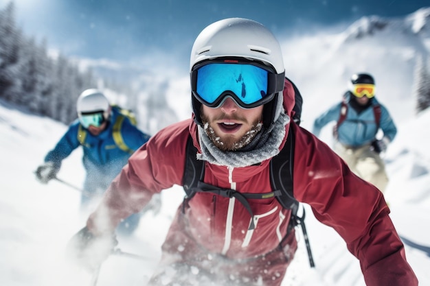 Foto de un grupo de amigos esquiando por una pendiente nevada con los rostros llenos de emoción y alegría IA generativa