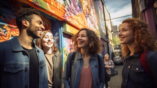 Una foto de un grupo de amigos explorando un vibrante distrito de arte callejero