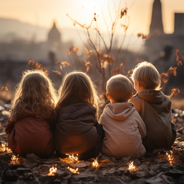 Foto de grupo de los amigos de los niños sentados de la mano