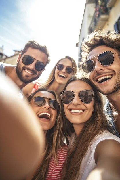 Foto de un grupo de amigos tomándose selfies durante las vacaciones creada con IA generativa