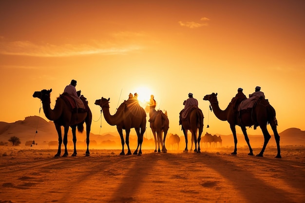 Foto de un grupo de camellos de silueta en el desierto con un fondo de puesta de sol naranja y una hermosa mezquita