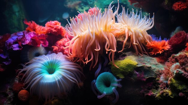 Foto una foto de un grupo de coloridas anémonas marinas con olas suaves