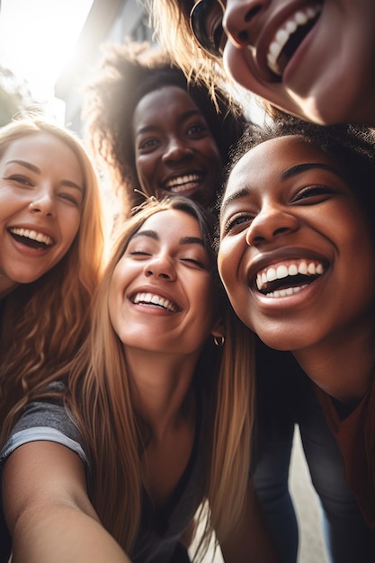 Foto de un grupo diverso de amigos divirtiéndose juntos.