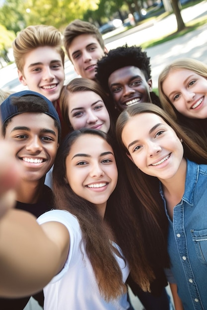 Foto foto de un grupo de estudiantes tomándose selfies creados con inteligencia artificial generativa