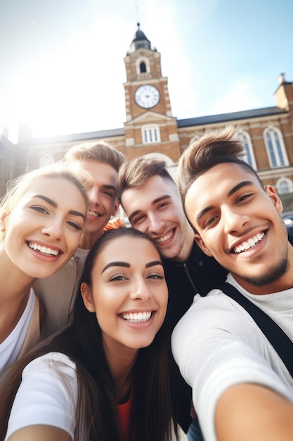 Foto de un grupo de estudiantes universitarios tomándose selfies juntos en el campus