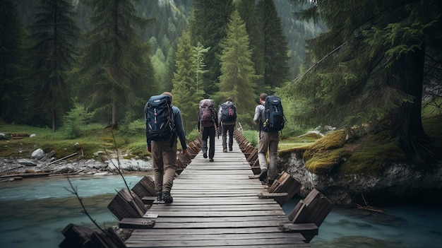 Foto una foto de un grupo de excursionistas cruzando un puente de madera