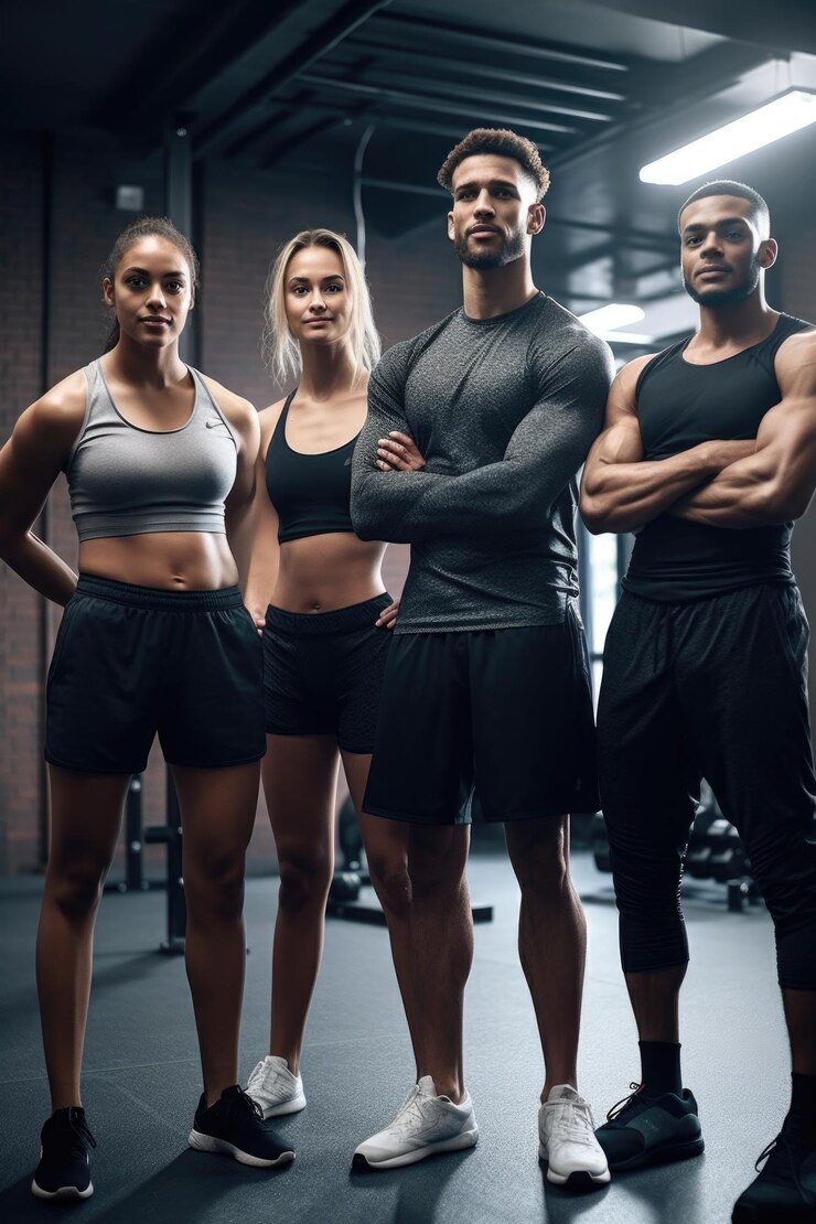 Foto de un grupo de jóvenes atletas juntos en el gimnasio.