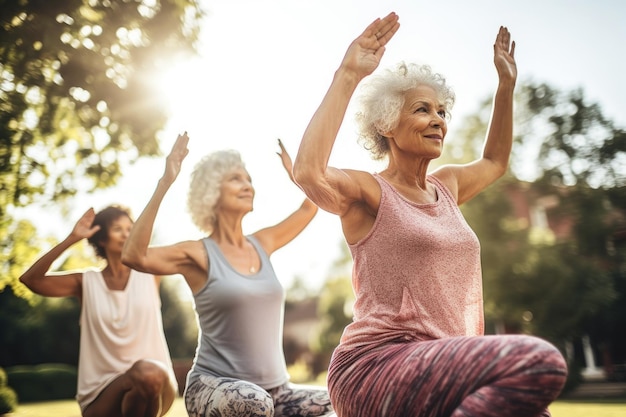 Foto de un grupo de mujeres mayores que realizan una rutina de yoga al aire libre creada con inteligencia artificial generativa