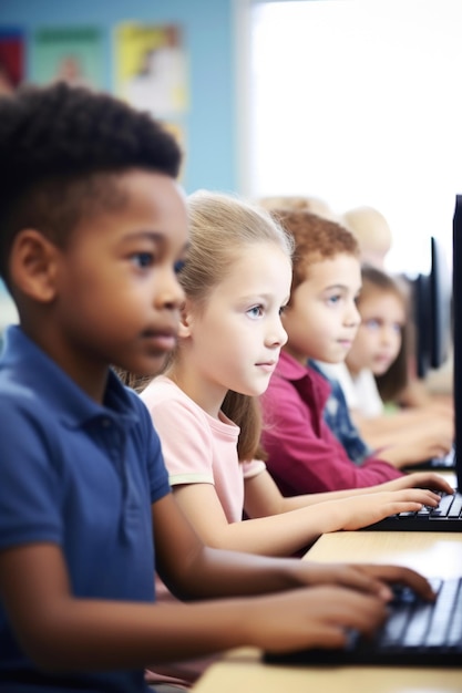 Foto de un grupo de niños pequeños usando computadoras en un aula de la escuela