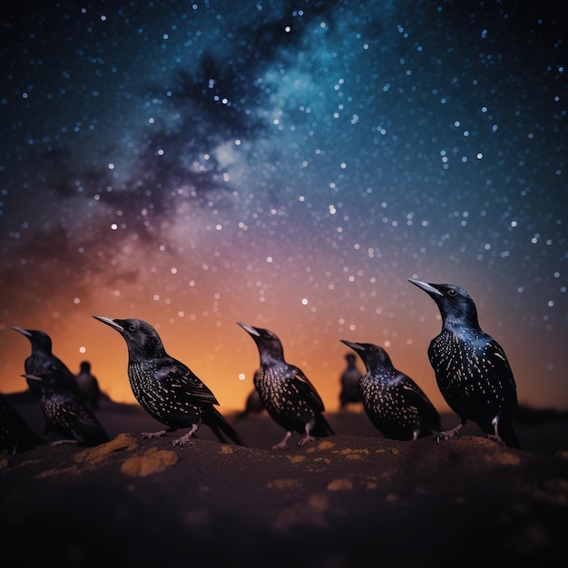 Foto de un grupo de pájaros parados sobre una roca bajo un cielo estrellado