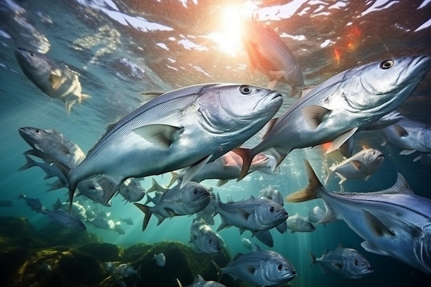 Foto de un grupo de peces marinos nadando a la superficie del agua