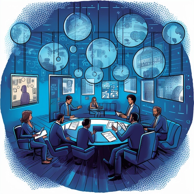 Foto foto de un grupo de personas elaborando un plan de negocios en una oficina.