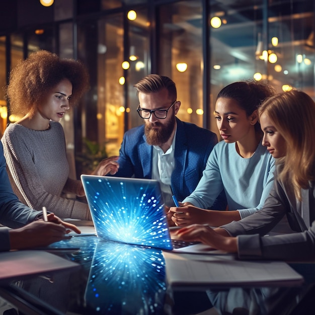 Foto foto de un grupo de personas elaborando un plan de negocios en una oficina.